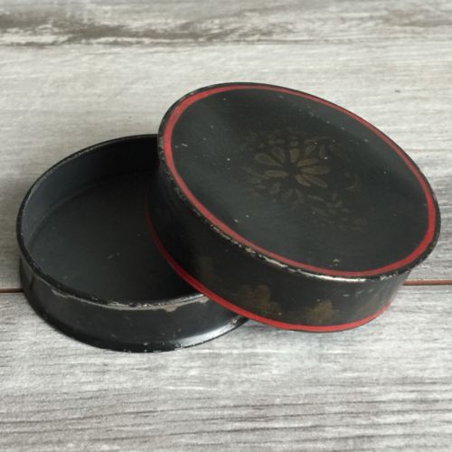 Tole Painted Gold Stencil Small Round Prim Folk Art Tin