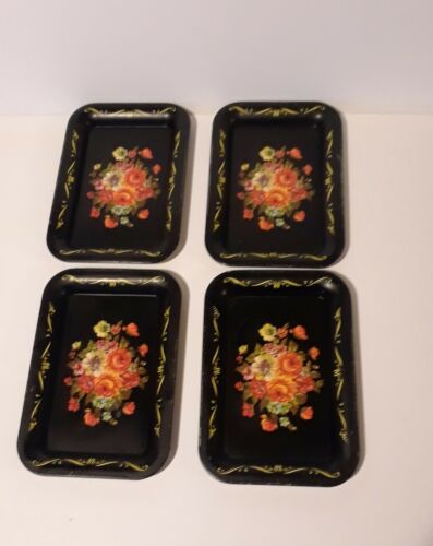 4 Vintage Tip Trays Tole Look Painted Black Metal Flowers Roses Reds Gold