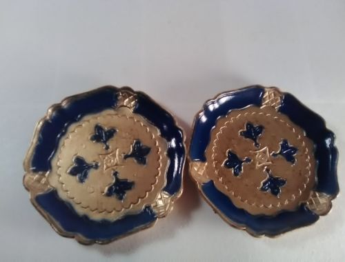2 Italian Florentine Wood Gesso Treated Coasters Blue and Gold Hand Painted