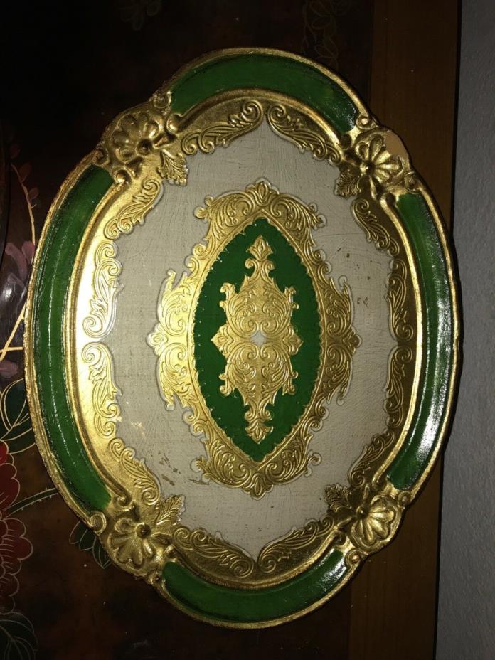 Art Nouveau Italian Florentine Wooden Tole Tray Wood Green&Gilt Platter Toleware