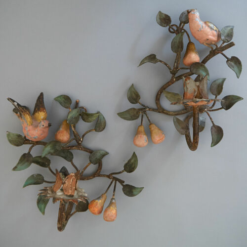 VTG Pair Shabby French Chic Toleware Wall Sconce Candle Holder Birds Pears x 2