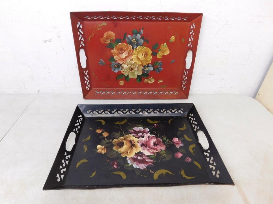 2 16x12 Rectangle Reticulated Toleware Serving Trays Red & Black