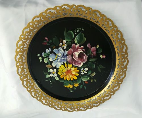 TOLE Hand Painted Mid CenturyTray Metal Gold Filagree Trim NASHCO NEW YORK NICE!