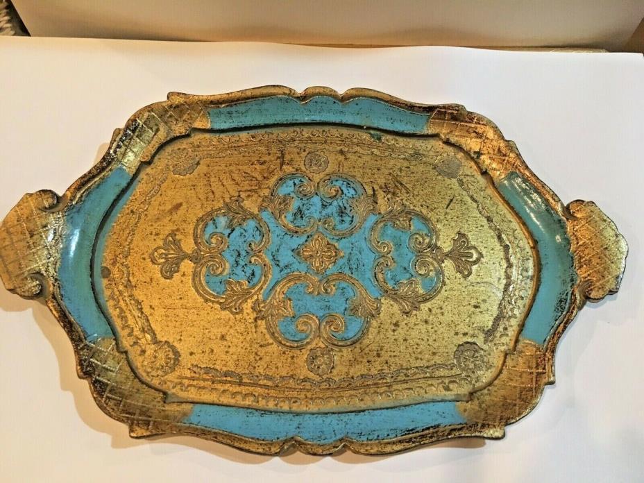 VINTAGE ITALIAN GOLD AND BLUE FLORENTINE TRAY TOLEWARE ORNATE HOLLYWOOD REGENCY