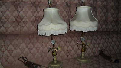 ANTIQUE PAIR ITALIAN TOLEWARE TABLE LAMPS w PORCELAIN FLOWERS & LEAVES -20