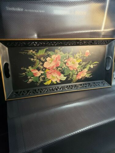 LARGE VINTAGE NASHCO HAND PAINTED FLORAL TOLEWARE SERVING TRAY-22.5