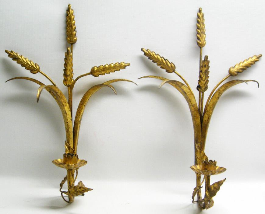 Vintage Pair of Italian Gold/Gilt Tole WHEAT Candle Sconces Hollywood Regency
