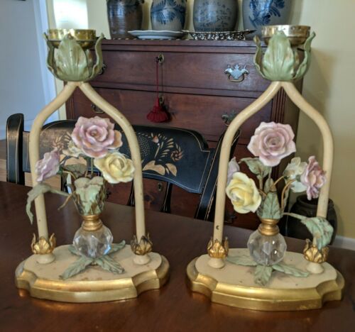Pair Antique Floral & Crystal Toleware Lamps American N Wreath Mark