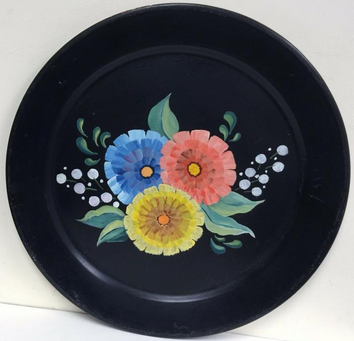 Large Vintage Toleware round tray hand painted 3 flowers - 19