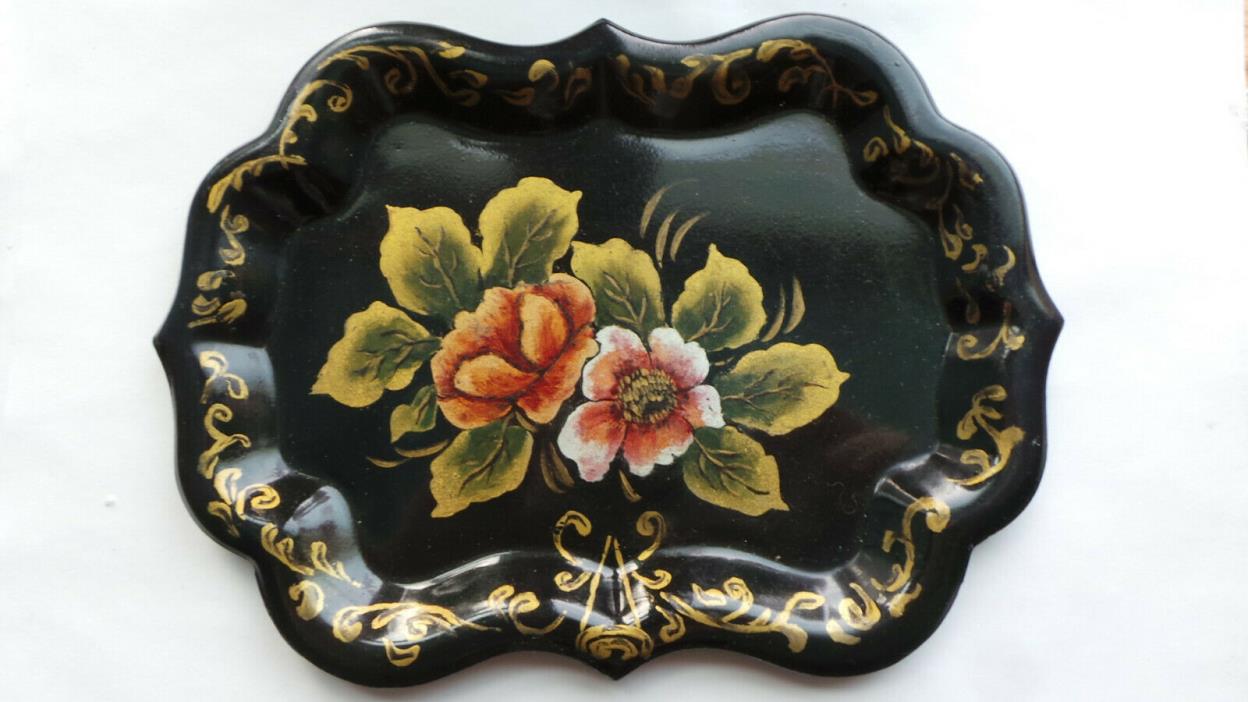 Vtg Toleware Tole Tray Hand Painted and Stenciled Small 6