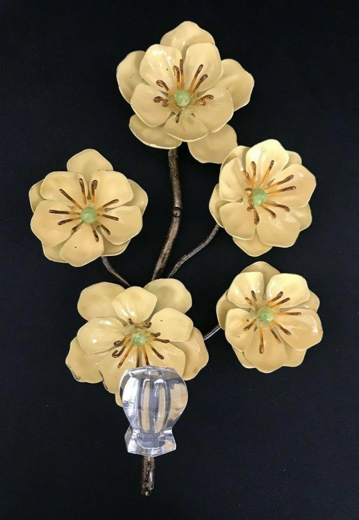 Vintage Tole Toleware Style~ Metal Enamel Yellow Flowers~Wall Hook Hanger~8 1/2