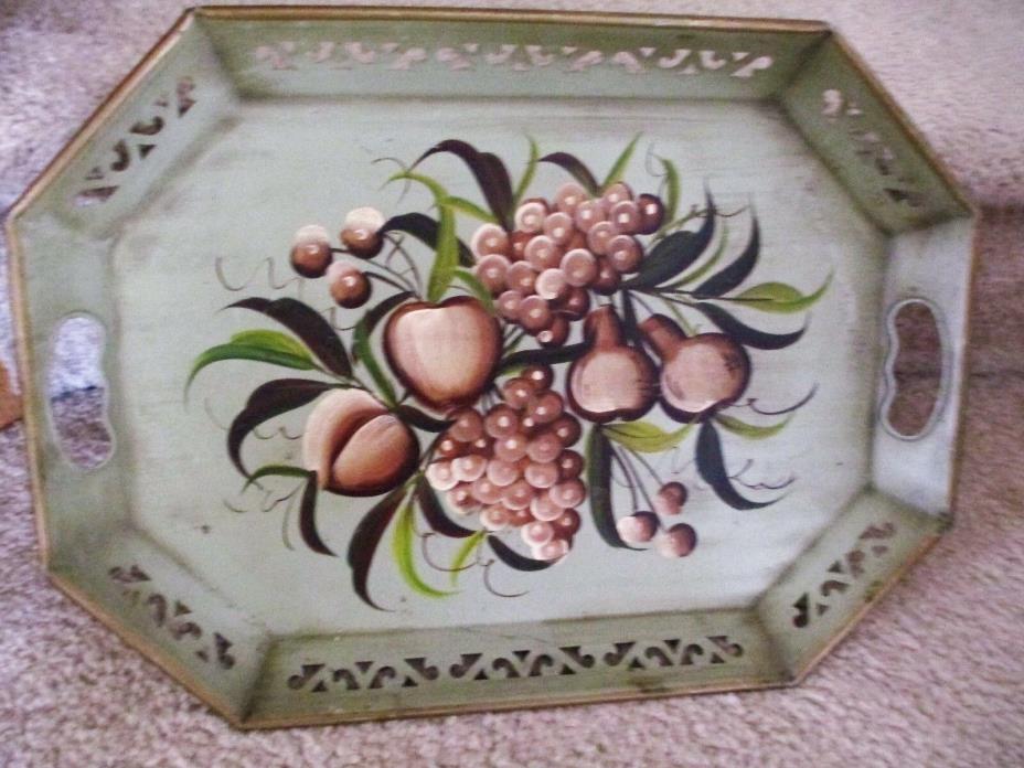 Vintage Americana Tole Tray - Green with FRUIT - Octagonal Reticulated Edge