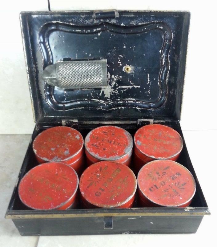 Antique 19th Century Toleware Spice Box 6 Cannisters Metal Black/Orange w/Grater