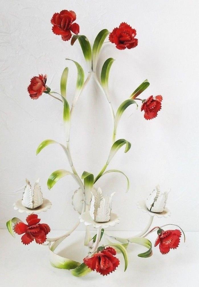 Vintage Tole Candle Sconce Red Green Flowers Floral Italian