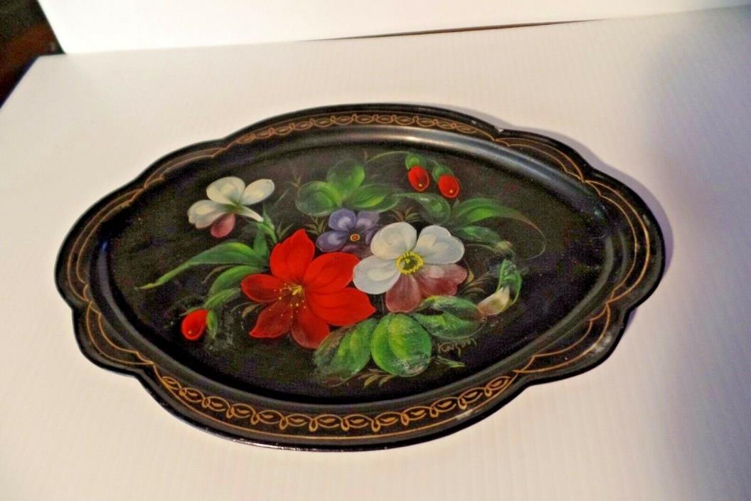 Vintage Russian tray black metal toleware flower
