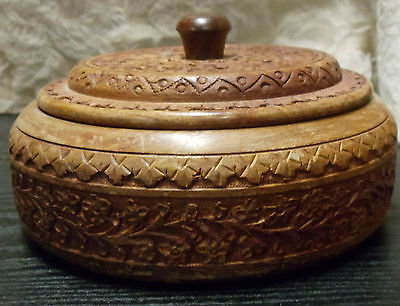 REDUCED! Vintage Ornate Hand Carved Round Wood Bowl & Lid 3.5x6.75