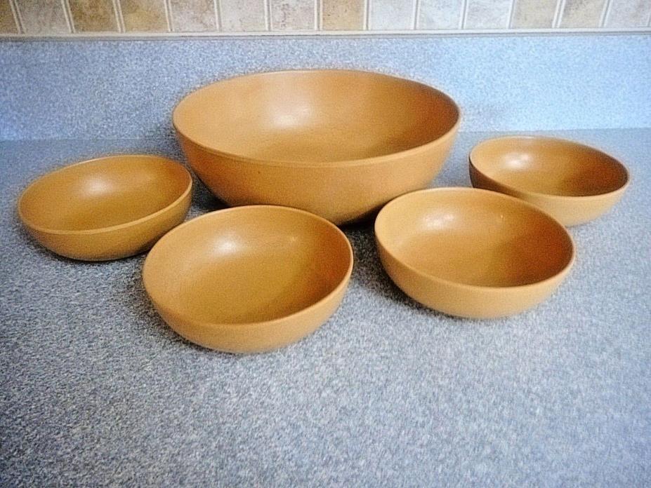 Vintage Ellingers Agatized Wood Large Mid Century Salad Bowl w/ 4 small bowls