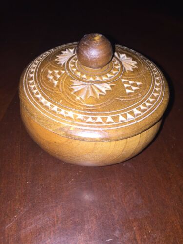 Small Vintage Wooden Bowl With Carved Lid