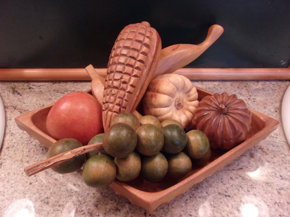 Diamond Shaped Wooden Bowl w/Wooden Fruit, Hand made,12 1/2