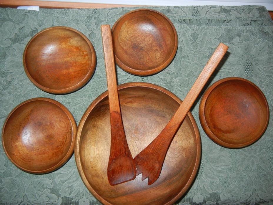 Vintage Teak Wood Salad Bowl Set Serving Utensils 7 Piece Round