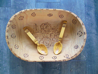 Large Oval Wood Bowl with Pyrograph Design, Includes 2 Wooden Spoons