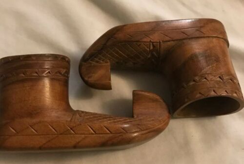 Vintage Wood Carved Elf Boot Shoe Yugoslavia Toothpick Holder Set Of Two