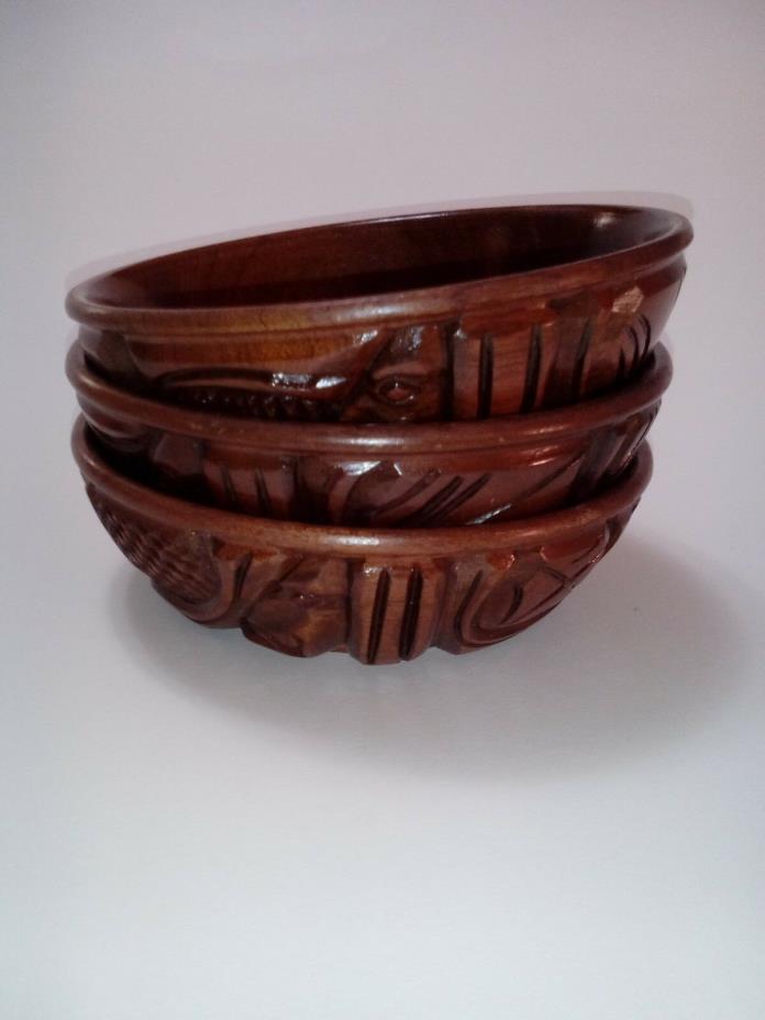 Mahogany Bowls Set of 3 Hand carved Signed SanPedro Sula Honduras CA FREE SHIP