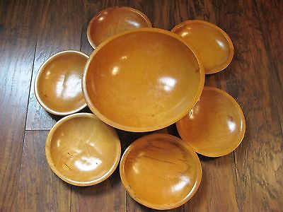 Vintage / Antique MUNISING Footed Wooden Salad Bowl Set Lot 7
