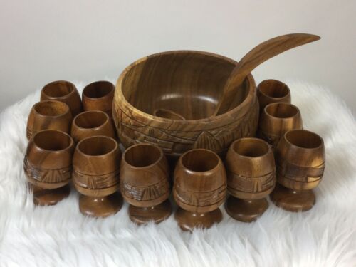 Hand Carved Wooden Punch Bowl Cup Set Tiki Island Vintage 60s 70s 14Pcs
