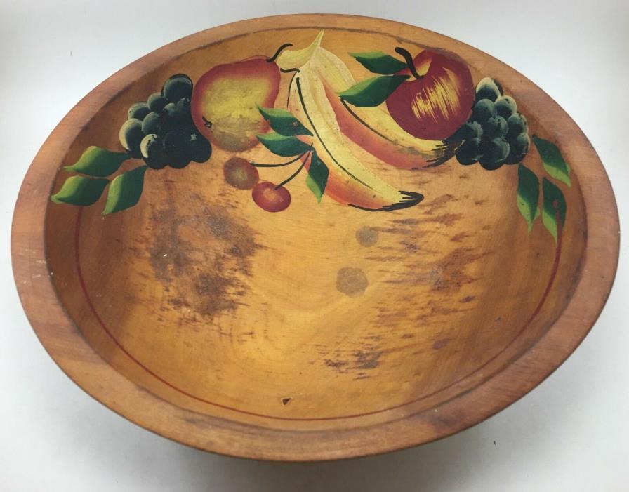 Vintage - Out of Round Hand Painted Wooden Bowl - Fruit - 10 1/4