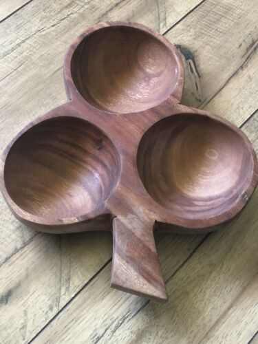 Three Leaf Clover Wooden Bowl Heavy Medium Grain 3 Dip Serving Bowl Handcarved