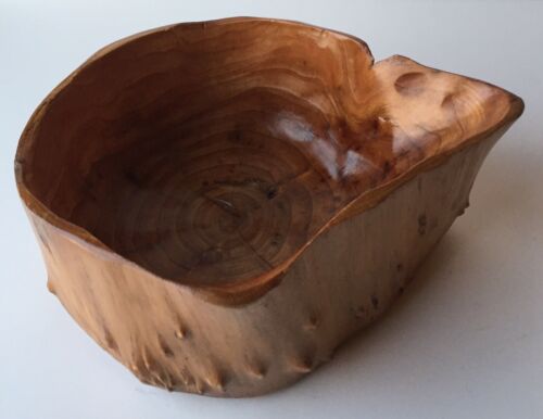 Small Artisan Hand Carved Burl Wood Oblong Bowl Decorative Art 8 x 7 x 3 1/4”