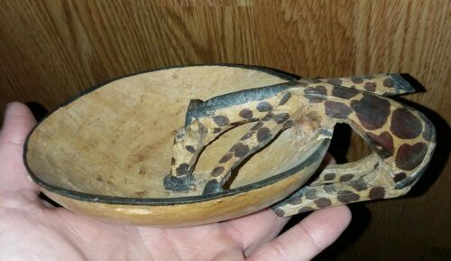 Vintage Hand Carved African Wood Giraffe Handle Bowl Wooden Hand Painted Dish