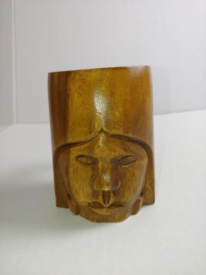 Vintage FACE Hand Carved Tribal LADIES HEAD Monkey Pod Wooden Mug Cup Wood