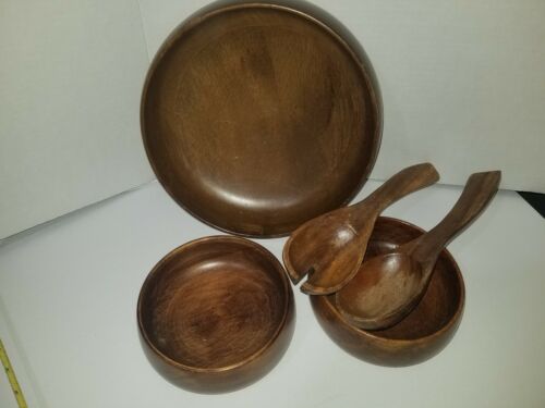Set of Vintage Salad Bowls Wood Carved Wooden