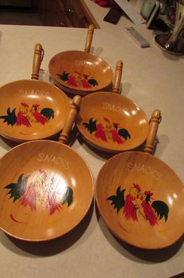 5 WOODEN BOWLS-VINTAGE SNACK BOWLS WITH HANDLE-ROOSTERS HAND PAINTED-JAPAN