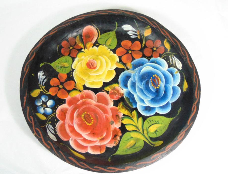 Vintage Painted Colorful Flowers Wooden Bowl 12.75