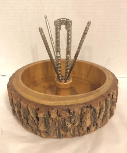 Vintage Bowl Rustic Wood Tree Bark Live Edge Bowl Nutcracker Nut Cracker 3 Picks