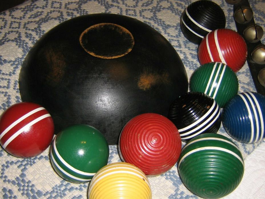 Dough bowl PLUS 10 Vintage Croquet Ribbed Striped Balls