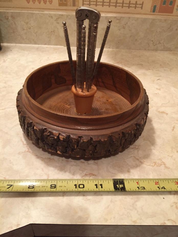 Vintage Tree Bark Rustic Wooden Nut Bowl Nutcracker 6 Picks Beautiful Wood Insid