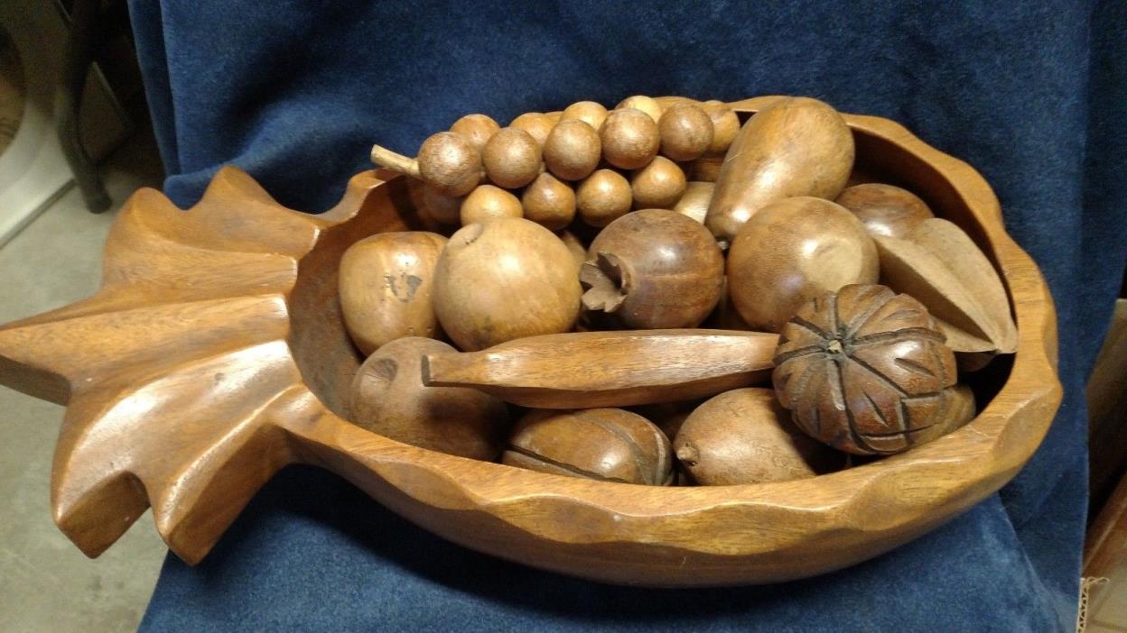 Vtg Monkey Pod Wooden Carved Bowl&Fruit Siam Table Decor Pine apple Pear Apple