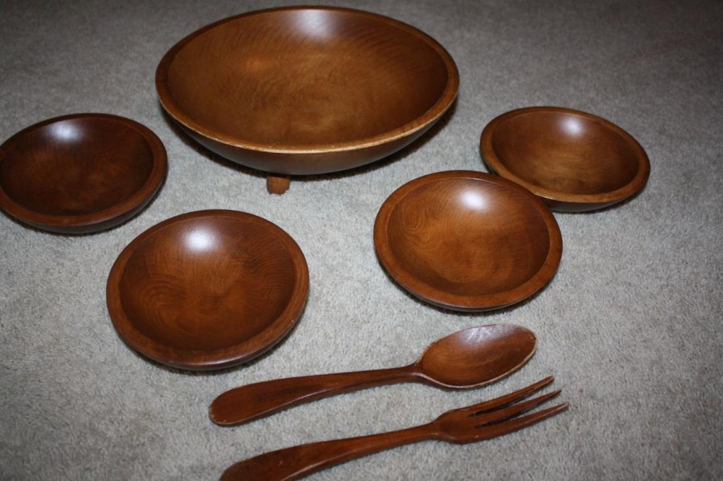 Vintage Woodcroftery 7 piece wooden salad set Wood Bowls Forks
