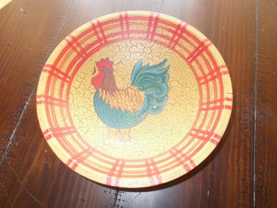 Country Chic, Wooden, Left-Facing Rooster Bowl w/Faux Crackle,