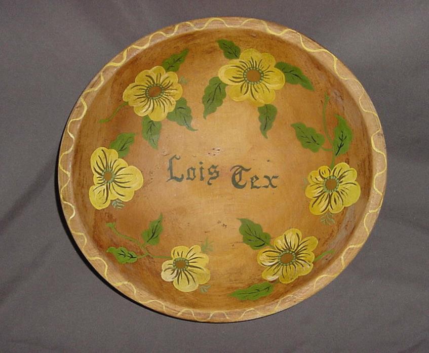 Vintage Oval Wood Bowl Hand Painted Flowers, HTF souvenir of Lois Tex.