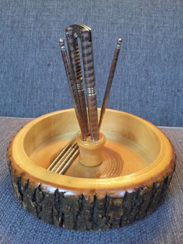 Vtg Tree Bark Wooden Nut Bowl With Metal Nut Cracker & Picks Mid Century Wood 7”