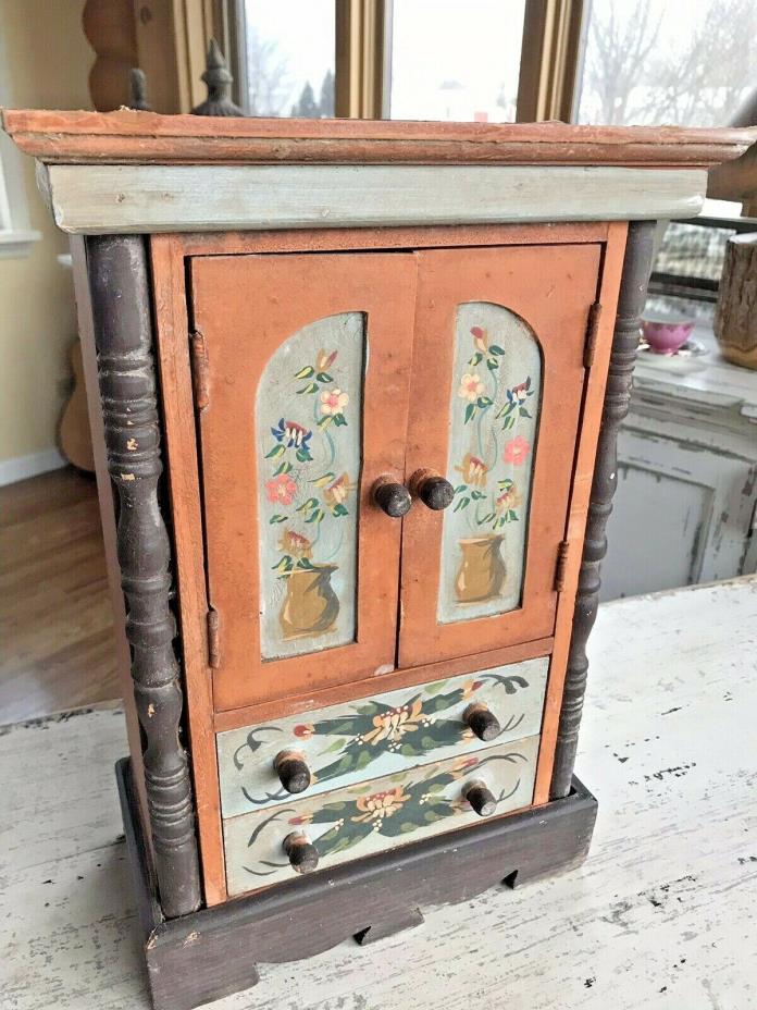 Antique Jewelry Cabinet Vanity Chest Wooden Drawers Small
