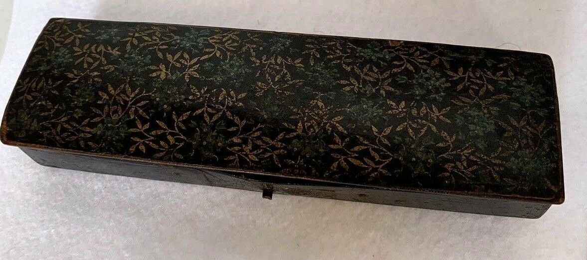Antique Asian Theme Pencil Box Green & Gold Paint on Black Wood Laquer