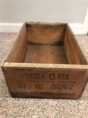 Antique Santa Clara Prunes Wood Box Crate Elmhurst California Surplus Relief