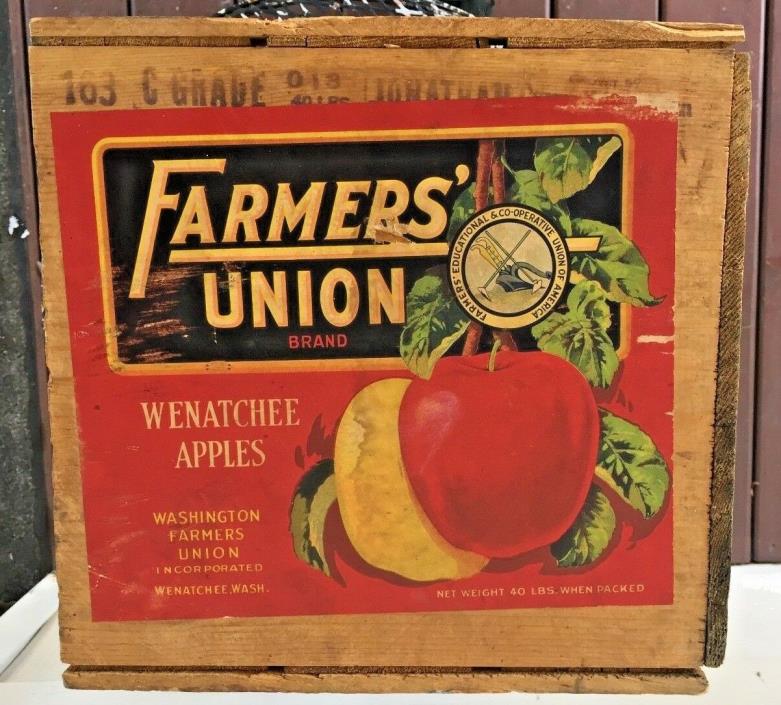 vtg WOOD BOX CRATE FARMERS' UNION INCORPORATED BRAND WENATCHEE APPLES WASHINGTON