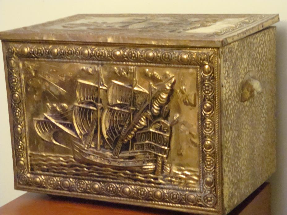 Fireplace Storage Box 1930s Brass Chest Repousse Trunk Pirate Treasure Box